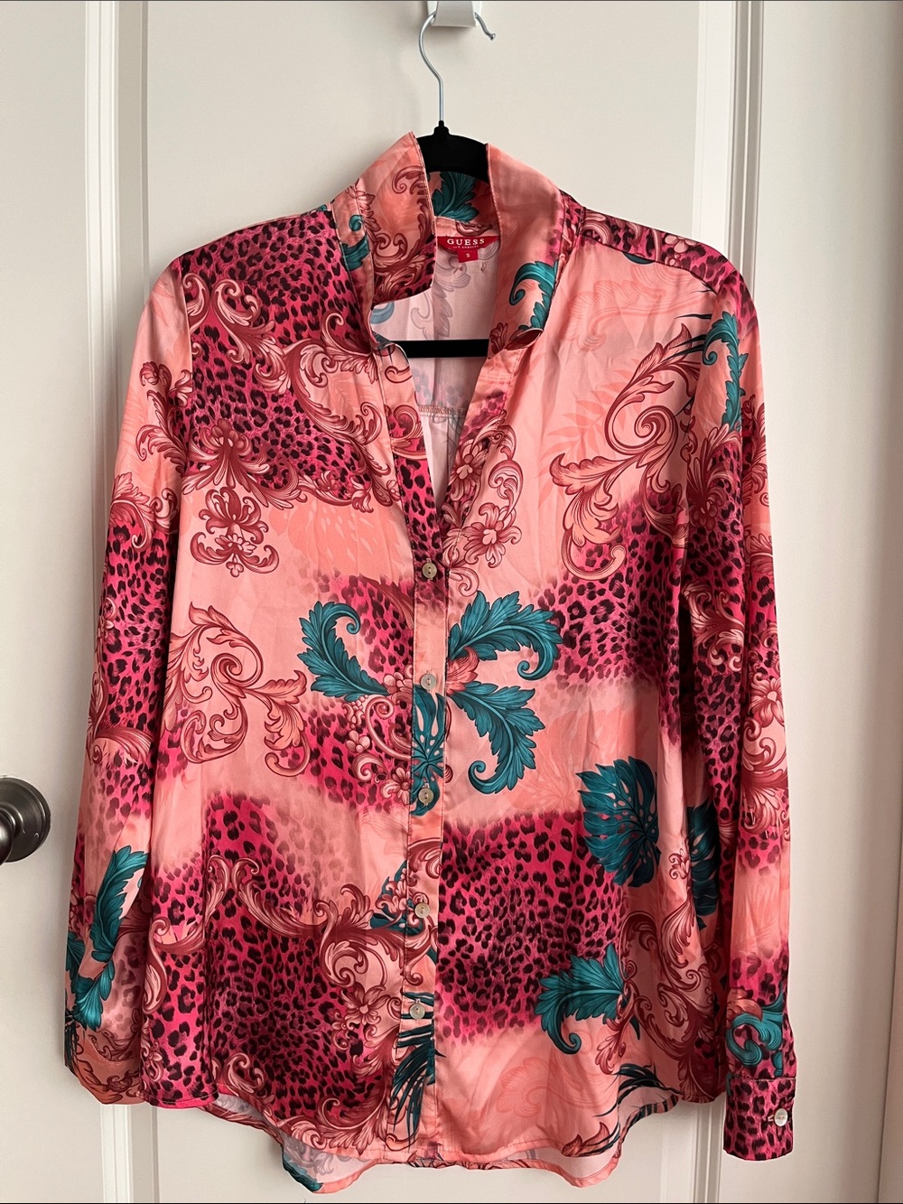 Guess Pink Satin Button-Down Shirt with Teal Floral Accents